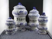 Vintage Blue Onion Ceramic Canister Set 4pcs Flour Sugar Coffee Tea w/lids picture