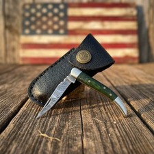 Damascus EDC Pocket Knife Texas ToothPick Folder Green Wood Handle W/ Sheath picture