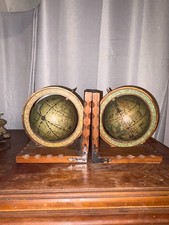 Vintage Rotating Globe Bookends Carved Wood Metal Accent Rustic Library Decor Pa picture