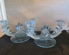 Vntg Fostoria Baroque Azure Blue Glass 2 Lite Candlestick Candle Stick Holders picture