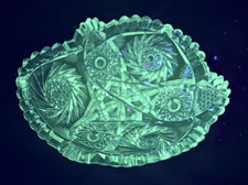 TESTED J Hoare Iroquois Antique ABP Cut Glass Fancy Olive Dish 395nm Glow picture
