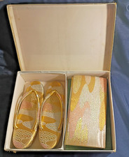 Vintage Japanese Kimono Accessory Set w Gold Brocade Zori Sandal & Clutch Sz Sm picture