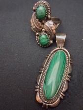 E. Spencer 925 Sterling Silver Green  Malachite Stone Ring & Pendant Set picture