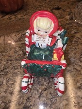 Vtg 1956 Lefton Christmas Girl In Candy Cane Sleigh SIGNED Lefton  Japan picture