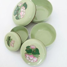 Vintage Green  Floral Nesting Round  Shaped Plastic Trinket Boxes Set of 3 picture