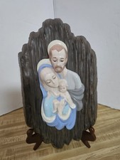 Vintage Erika Zavoy Holy Family Ceramic Wall Plaque Joseph Mary Jesus w/ Stand picture