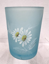 Vintage Blue Frosted Glass Tumbler White Daisy Floral Design 3 3/4