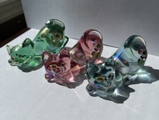 Fenton Iridescent Art Glass Cat Figurines Set w/ Hand-Painted Flowers. Signed. picture