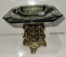 Vtg Hollywood Regency Brass Cherub Pedestal Ashtray Smoke Gray Glass Putti Dish picture