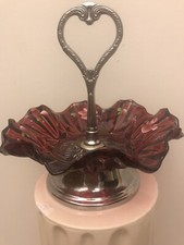 Vintage Hand Painted Fenton Ruby Red Cranberry Tidbit Candy Dish Ruffled  G3. picture