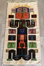 Vintage Handwoven Andean Wool Tapestry Rug 50” x 26” Ecuador Folk Art Totem picture