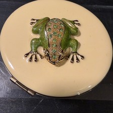 Saks Fifth Avenue Vintage Frog Compact Mirror Green Enamel Crystal Cream Gold picture