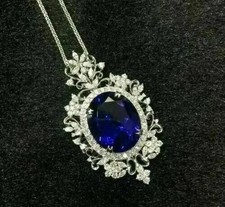 Art Deco Oval Cut Blue Sapphire Vintage Pendant 14K Gold White Gold Plated picture