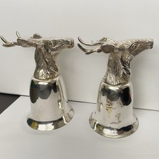 Silver Tone Brass Elk Deer Stag Stirrup Cup Goblet Of 2 (AS-IS One Heavy Stains) picture