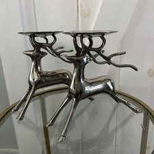 Two Silver Tone Reindeer Pillar Candle Holders  Christmas Decor Made in India picture