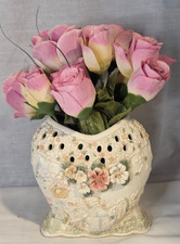Vtg Ceramic Reticulated Floral Heart Vase Birds Birdhouse Faux Pink Roses 7'' picture