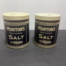 Vintage Morton’s Salt Tin Shakers Containers It Pours Advertising Pair picture