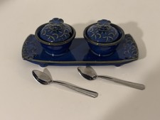 Jenggala Bali Blue Ceramic Condiment Server Lidded Pots Spoons Salt Pepper Spice picture