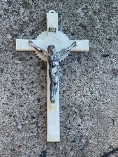 Vintage Pearl White Iridescent Crucifix Wall Hanging Silver Corpus INRI Cross picture