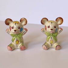 Vintage Patchwork Teddy Bear Ceramic Hand Painted Salt & Pepper Shaker Set 4” Jp picture