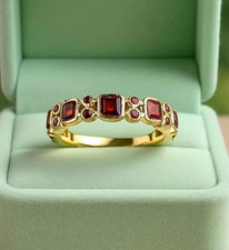 Art Princess & Round-Cut Garnet Half Eternity Band Ring 14k Yellow Gold Plated picture