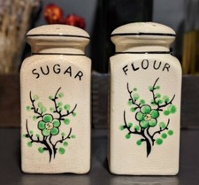 Vintage Moriyama Green Cherry Blossom Sugar & Flour Shakers Hand Painted Japan picture