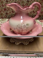 Vintage Pink & White Glossy Ceramic Floral Candle Holder w/ Drip Bowl 8in x 4in picture
