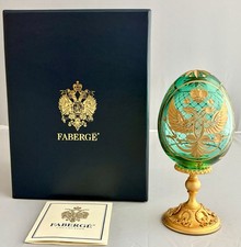 RARE FABERGE IMPERIAL EMERALD GREEN ROMANOV DOUBLE EAGLE EGG w STAND COA LE 24k picture