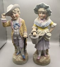 Pair Antique German Painted Bisque Porcelain Boy w/Cane & Girl w/Pot Figurines picture