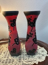 Vintage Red Satin Matte Glass With Black Cherry Blossoms 12