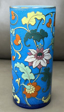 Bohemian Blue paline Art Glass Cylinder Vase Heavy Enameled Floral Design Gold picture