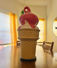 Vintage Eat-It-All 22” Papier Mache Ice Cream Cone Advertising Display Red picture