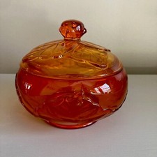 VTG MCM Viking Glass Candy Dish Leaf Design Persimmon Orange   Original Sticker picture