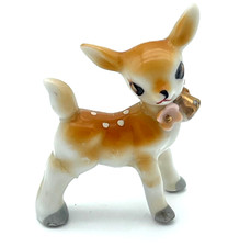 Vintage Japan Ceramic Spotted Fawn Deer Figurine Pink Flower Hand Painted 2.5” picture