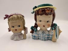 Vintage 1950s Napco Girl Head Vase Planters Pair Japan MCM Umbrella Girls picture