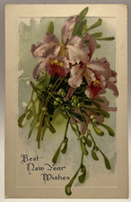 Best New Year Wishes, Purple Iris, Mistletoe, Vintage Postcard picture