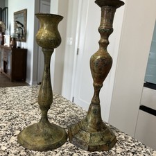 Heavy Vintage Brass/Bronze Candlestick Holders – 10” & 12” Pair / See All Photos picture