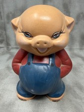 Vintage Ceramic Piggy Bank Boy Pig Blue Overalls Red Shirt 7.75