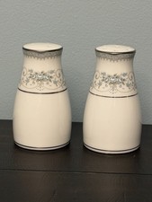 Vintage Noritake Colburn Salt Pepper Shaker Set Blue Floral Silver Porcelain picture