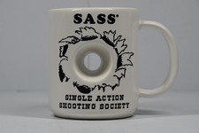 Vintage SASS Single Action Shooting Society Coffee Mug Cup NRA Gunshot Hole USA picture