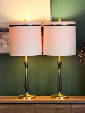 Pair Vintage Rembrandt MCM Brass Black Table Lamps Glass Diffusers 1950s 60s picture