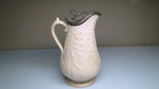 Antique Stoneware Lily of the Valley Pewter Lid Pitcher Jug Tankard picture