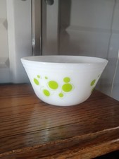 Vintage 8” FEDERAL Milk Glass Mixing Bowl ATOMIC POLKA DOTS in Lime Green picture