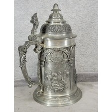 Vintage German Pewter Beer Stein Lidded Tankard Relief Scenes Ornate Metal 8.25