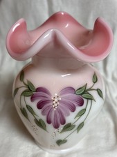 Fenton hand-painted pink and purple with green Flower ruffled rim. Signed # 972 picture