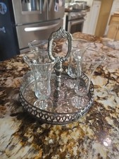 Vintage Leonard Sherry Shot Glasses & Silver Tray Barware Set of 6 Italy picture