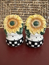 Vintage Sunflower Ceramic Salt and Pepper Shakers Checkered Polka Dot Whimsical picture