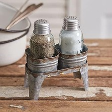 Wash Bin Salt & Pepper Shaker Glass Set Caddy Holder - Farmhouse Country Decor picture