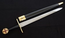 31” Knights Templar Sword Brass Ornate Leather Wrap Sheath Full Tang Double Edge picture