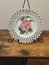 ROSETTI USA Reticulated Floral Lattice Plate ~ Hand Painted Red Rose Japan picture